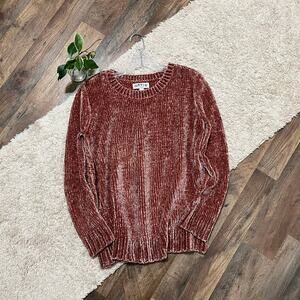 Orvis Size Large Pink Chenille Chunky Knit Ribbed Trim Crewneck Pullover Sweater